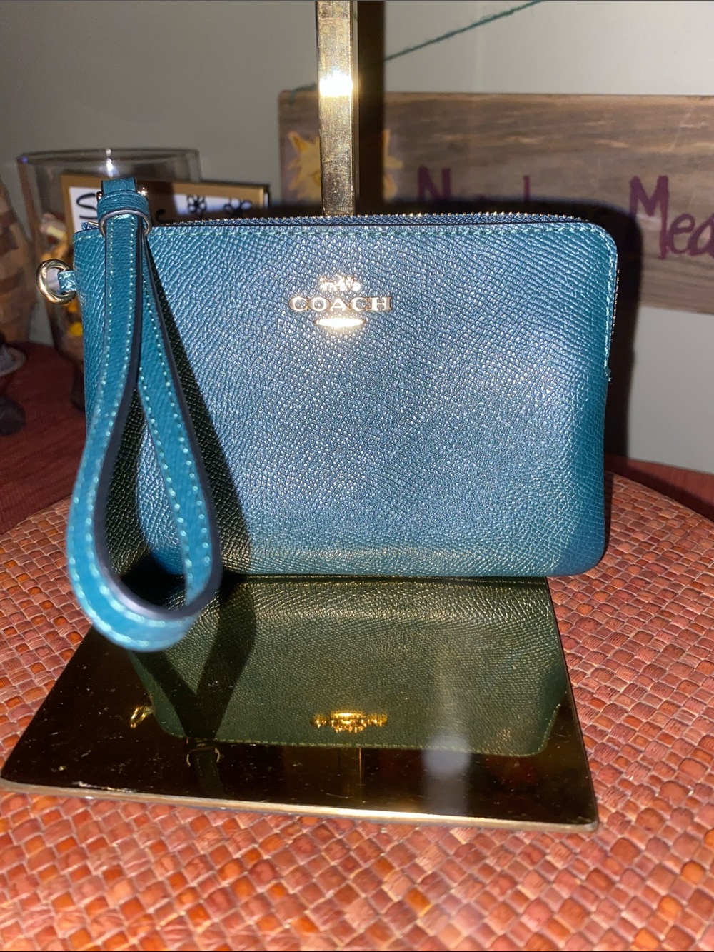 Coach Small Corner Zip Wristlet in a stunning Dark Teal (Green) color.